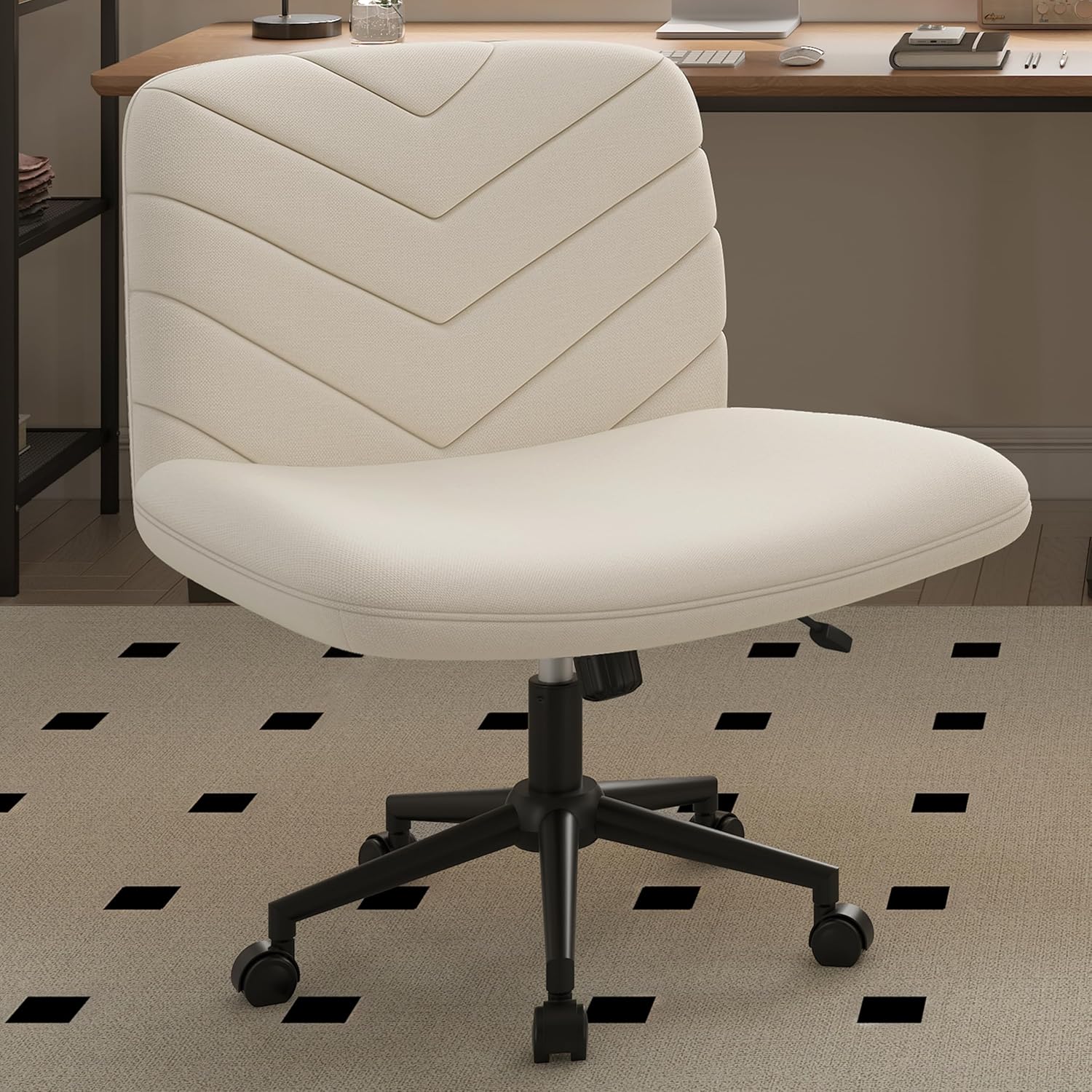 Chair with Wheels,Comfy Armless Cross Legged Office Desk Chair, Swivel Vanity Chair Computer Chairs for Home Office