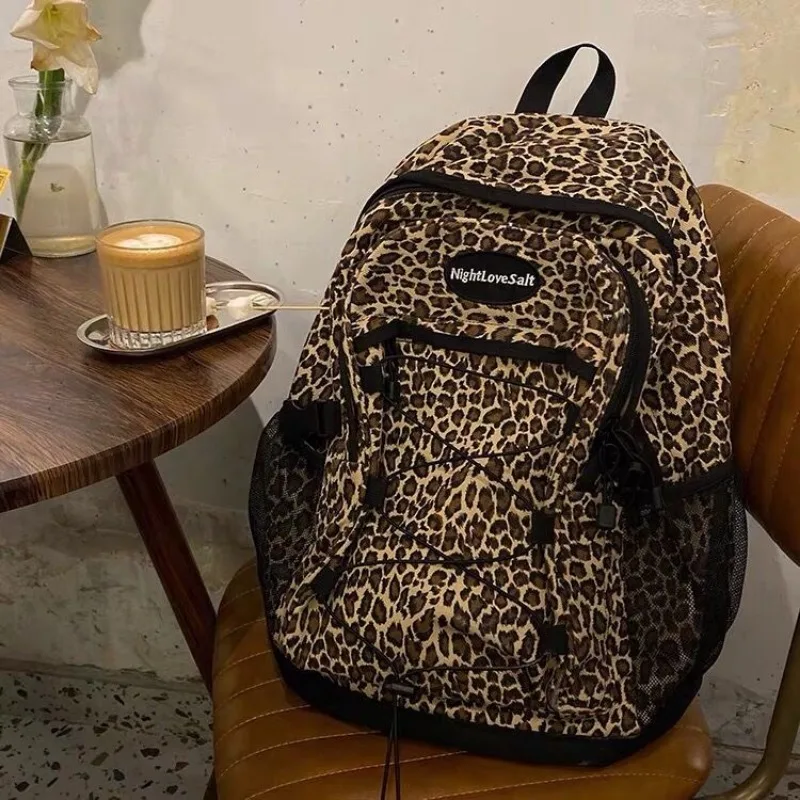 Mochila informal de moda con estampado de leopardo para mujer, mochila escolar de ocio versátil coreana de gran capacidad, mochila de viaje Unisex Y2k