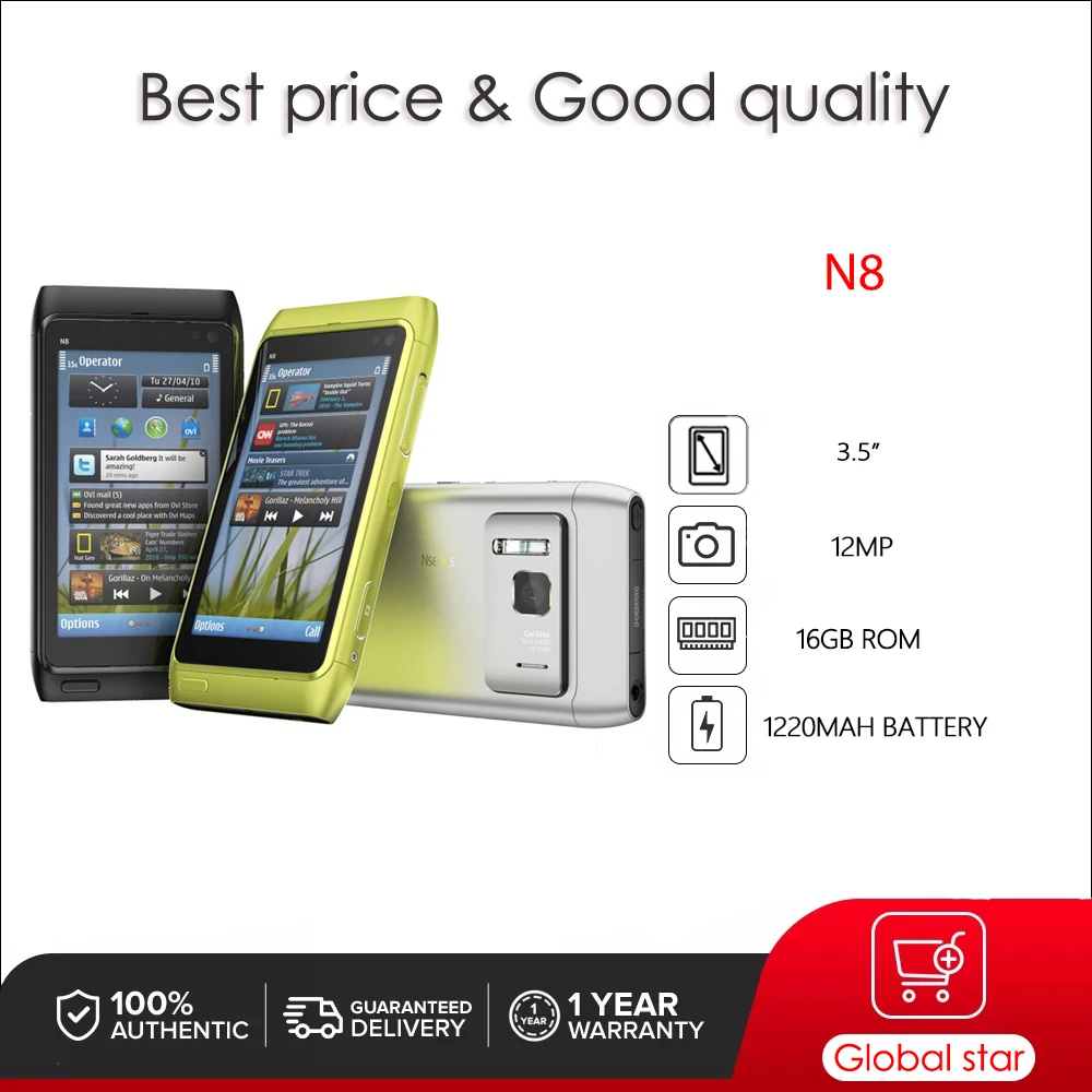 Original Unlocked N8 12MP Camera  WIFI Bluetooth FM radio Loudspeaker Mobile Phone Made in Finland