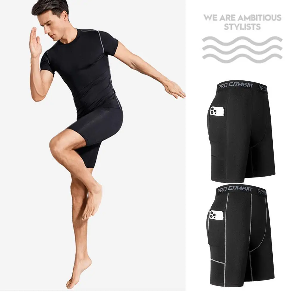 Calça curta de compressão elástica masculina, calça seca rápida, shorts de ginástica com bolso, tamanho grande, apertada para treinamento de ginástica, preta, nova
