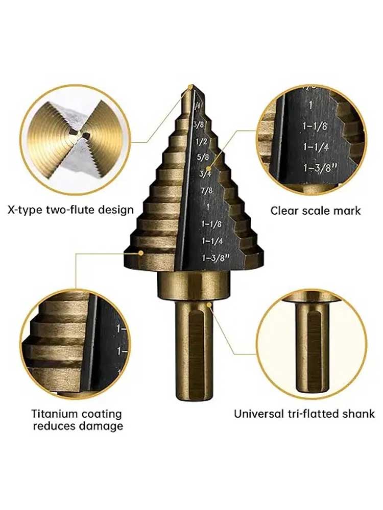 5 ชิ้นบันไดเจาะนิ้วคั่วสีเหลือง Nitriding เจาะสามเหลี่ยม Shank ตรง Groove เจดีย์เจาะขั้นตอนเจาะบิตกล่องอลูมิเนียม