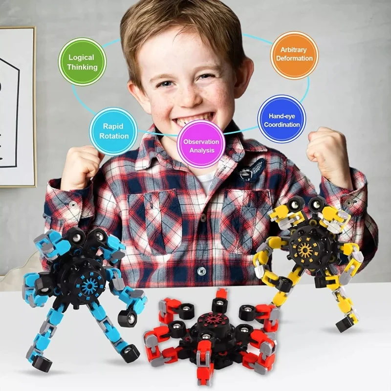 Brinquedos sensoriais engraçados, brinquedo de dedo robô de corrente transformável 4 peças giradores mecânicos de robô de deformação diy