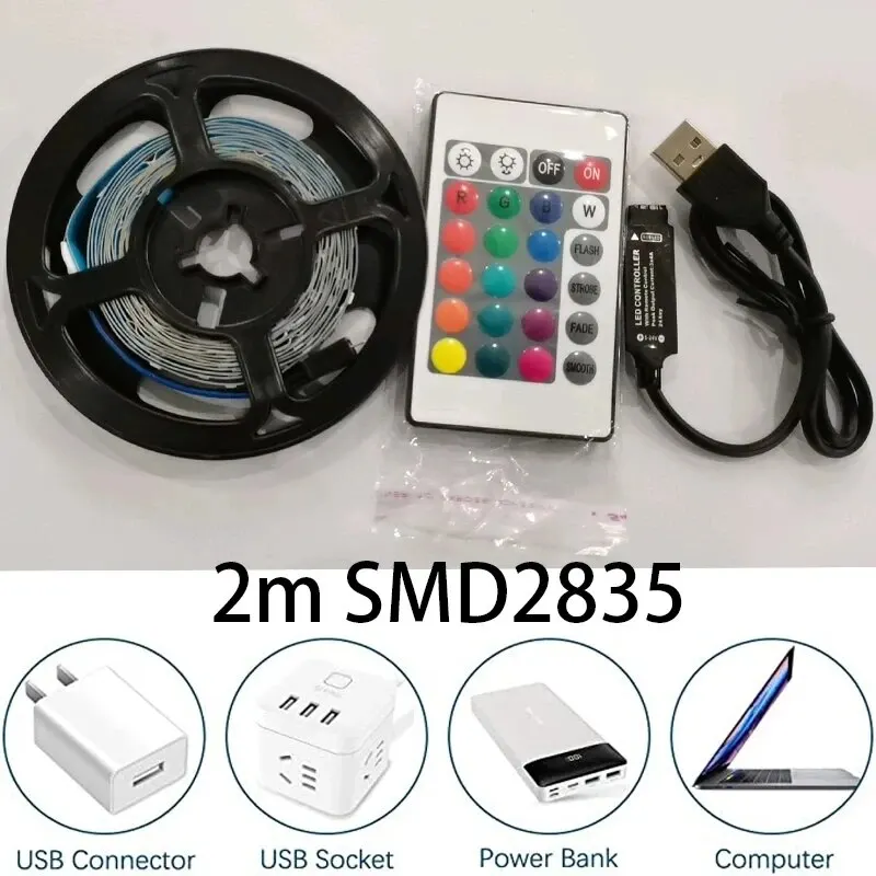 リモコン付きUSB LEDストリップライト,キッチンクローゼット用バックライト,寝室,PC,テレビ,家庭用照明,1 mあたり60leds,2835, 24キーir,2m