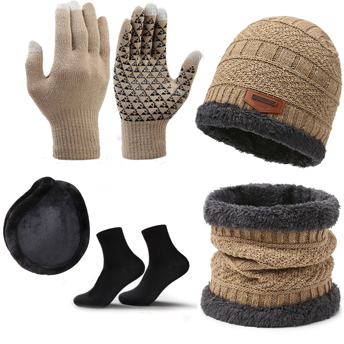 Pakhoed Heren wintersjaal, handschoenen, sokken, vijfdelige sjaal, halssjaal, warme winterhemel gebreide muts