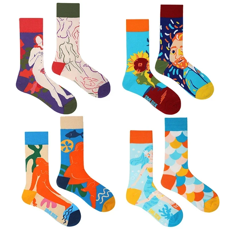 1 par de calcetines originales AB Tide para hombre y mujer, calcetines coloridos de tubo medio alto, calcetines Unisex de algodón con extraterrestre misterioso, bomba de payaso vaquero