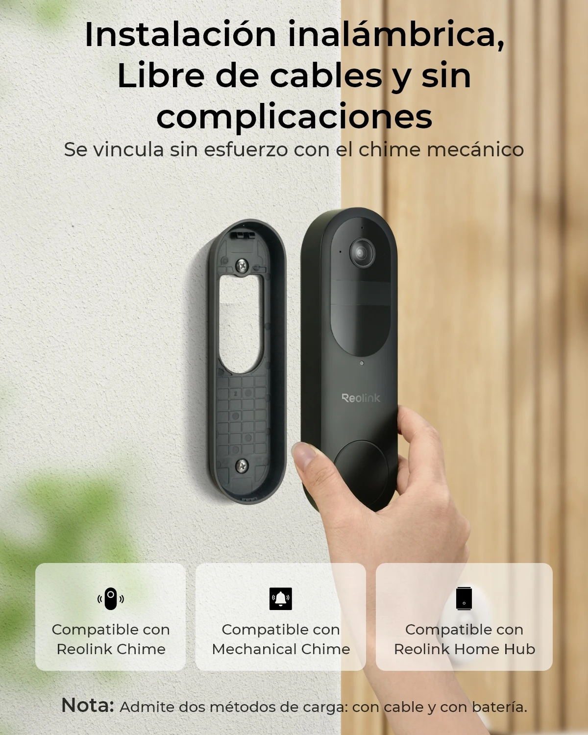 Timbre con batería Reolink 2K, timbre inalámbrico WiFi para exteriores, batería/alimentación con cable, cifrado de almacenamiento a través del concentrador doméstico, sin timbre