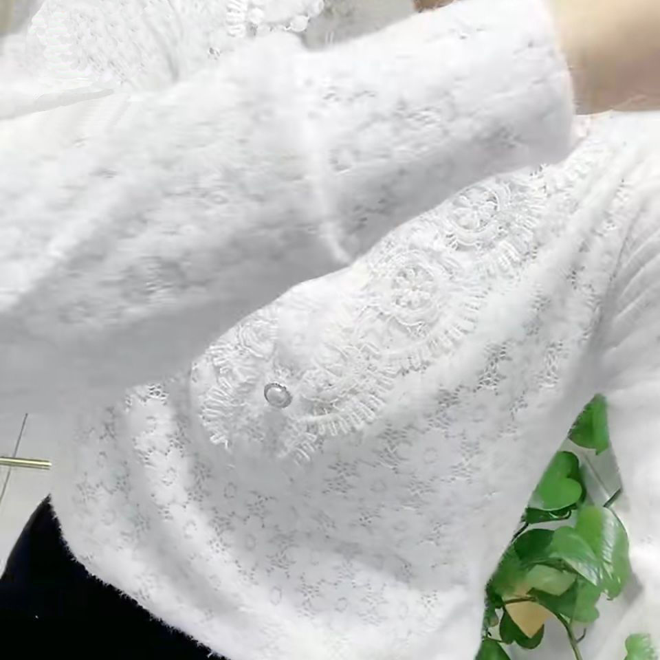 Weiß Allgleiches Mode Jacquard Open Stitch Hemd Langarm Polo-Neck Büro Dame Chic Sexy Frühling Herbst Lose beiläufige Bluse