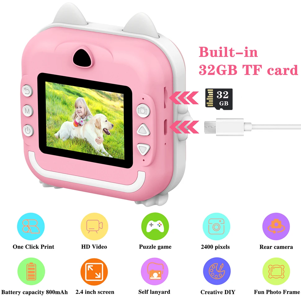 เด็กกล้องพิมพ์ภาพ Mini กล้องวิดีโอดิจิตอลสําหรับเด็ก Zero Ink พิมพ์กระดาษ 32G TF Card ของเล่นเพื่อการศึกษาของขวัญ