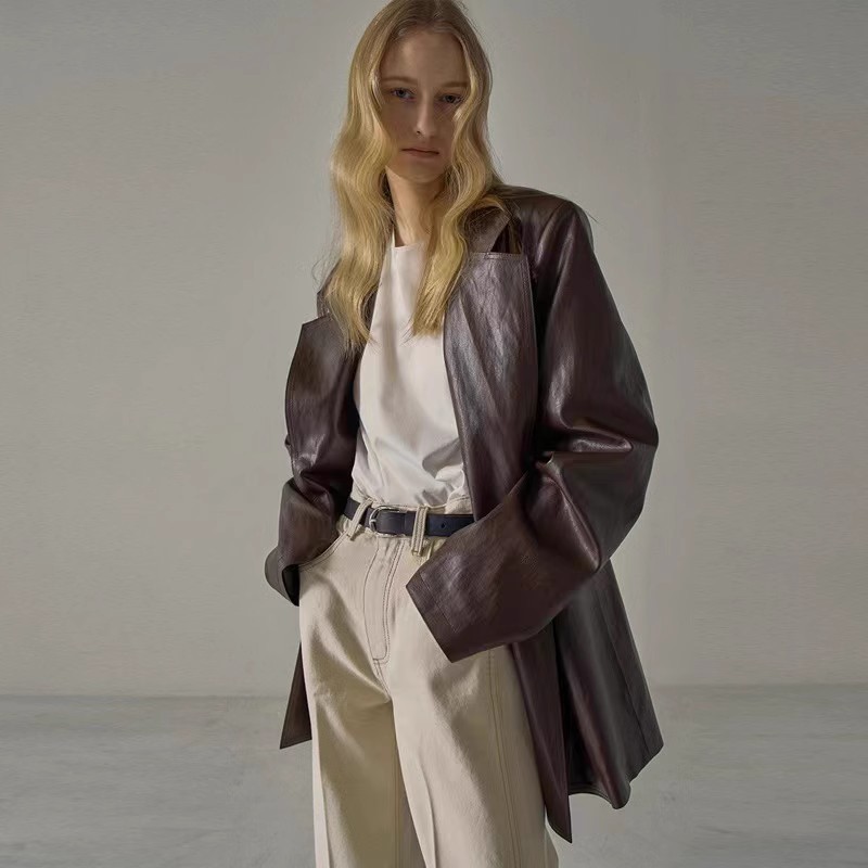 B-otto-女性のためのミディアムレングスのレザージャケット,ルーズなスタイル,ニッチなデザイン,シンプルで雰囲気のある質感,春と秋