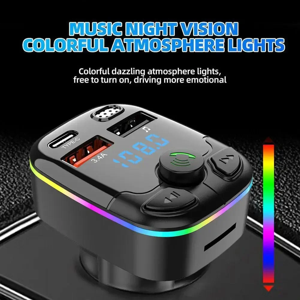 Carro bluetooth 5.0 transmissor fm duplo usb 3.1a pd tipo-c carregador de carro de carregamento rápido kit de luz ambiente colorida para iphone samsung