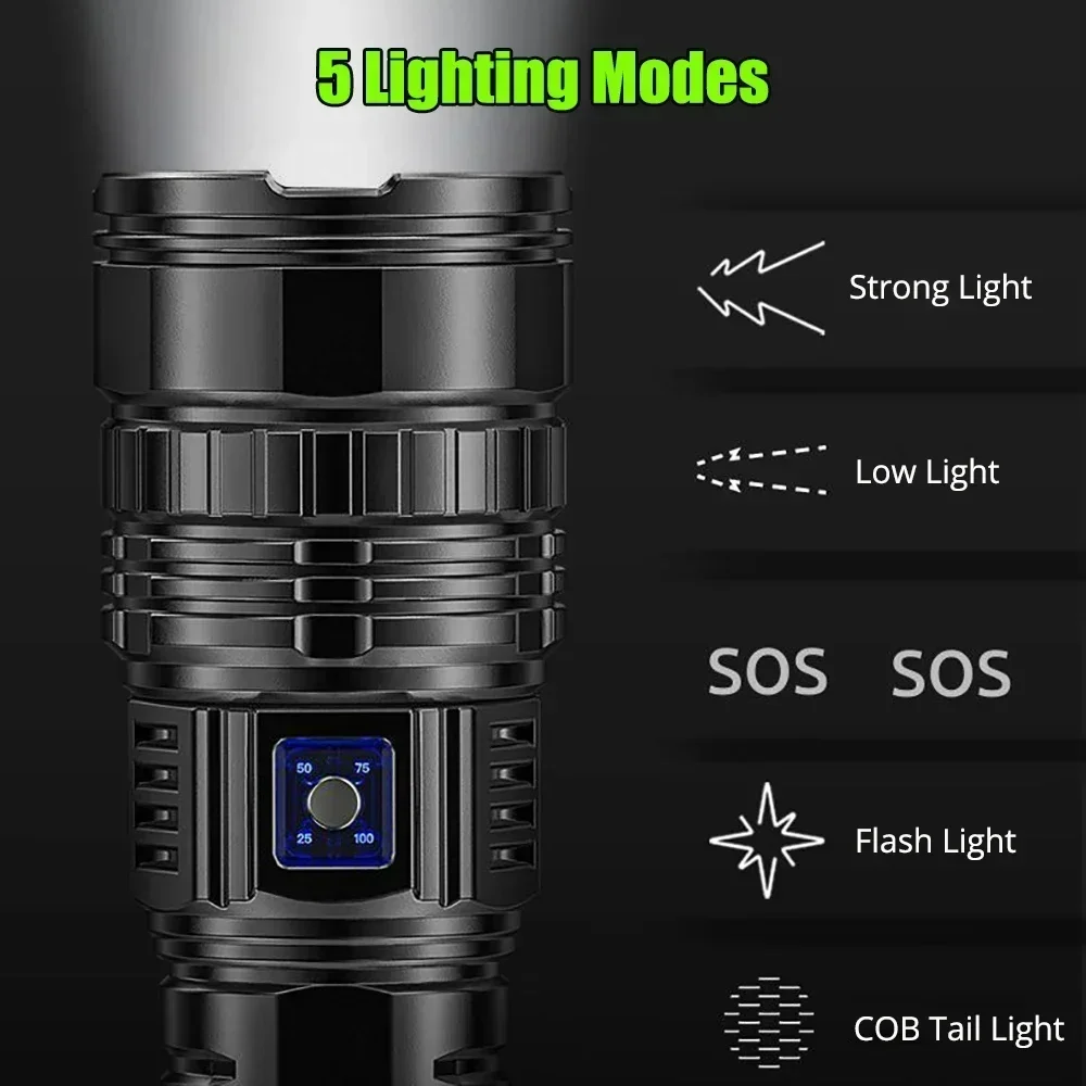 Lanterna led ultra brilhante, poderosa tocha tática, 15000mah, bateria embutida, holofotes de acampamento de emergência com luz traseira