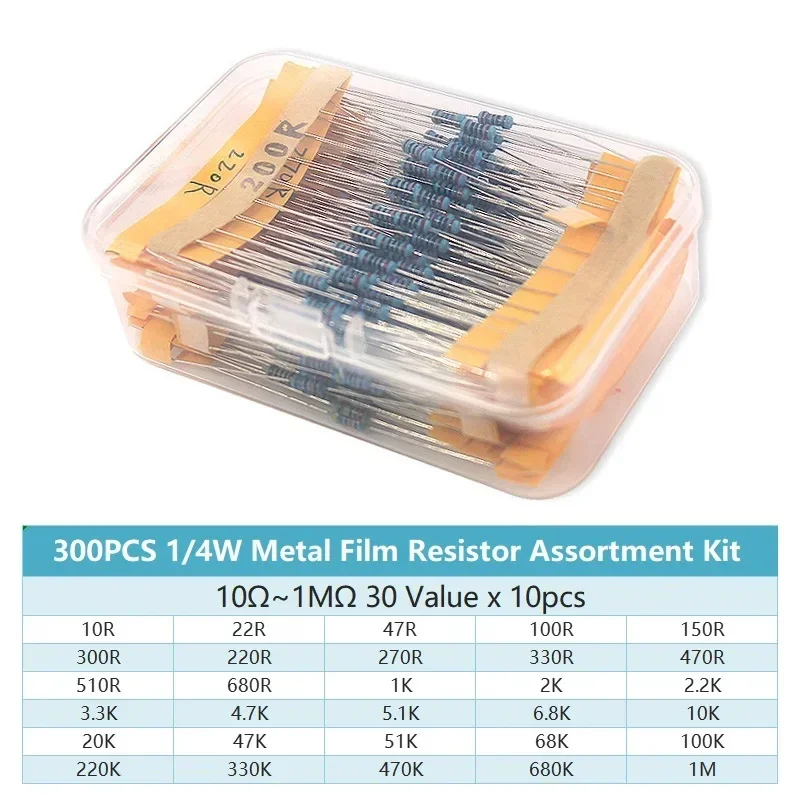 300/600PCS 1/4W Resistencia 1% Kit de resistencias de película metálica con caja 1K 10K 100K 220ohm 1M Resistencias 30 tipos