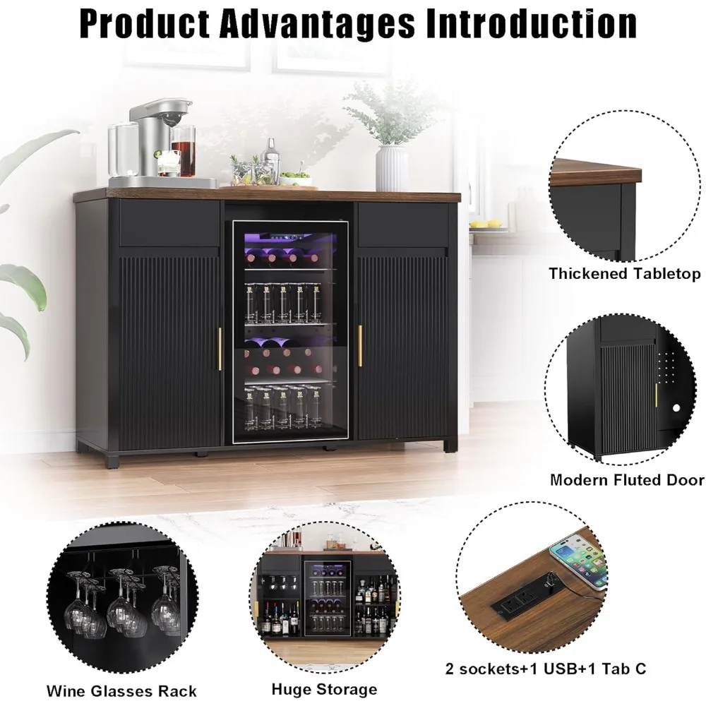 "Spacious Coffee Bar Cabinet with Built-in Fridge and Wine Storage, Elegant Buffet Sideboard for Home"