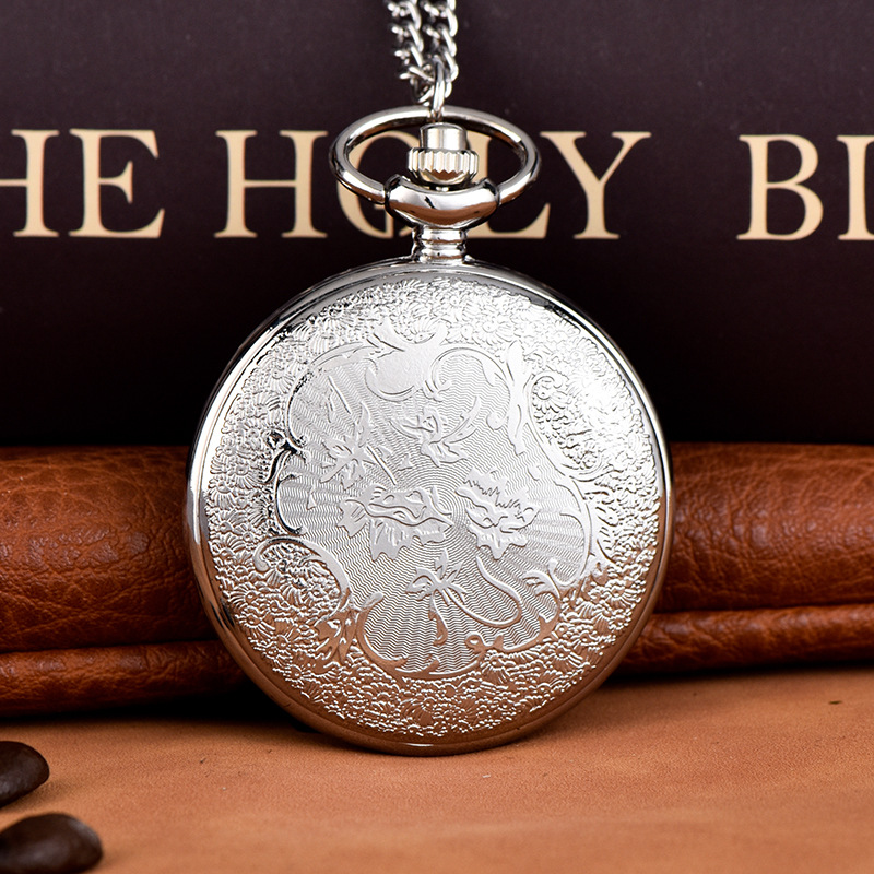 Creative silvery engraved hollow quartz pocket watch with Arabic numerals vintage pendant necklace for birthday gift chain