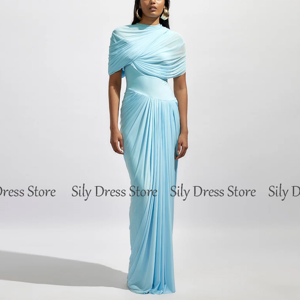 Sky Blue Evening Dresses 2025 Spandex Sheath/Column Prom Dress High Collar Pleat Cap Sleeve Valentine's Day Long Gown