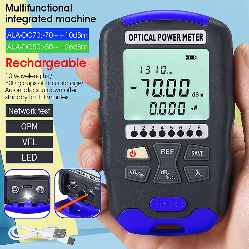 COMPTYCO AUA-DC70 광 파워 미터 -70~+10dBm 4 in 1 OPM 다기능 광섬유 네트워크 케이블 테스터 VFL 15-30MW(옵션)