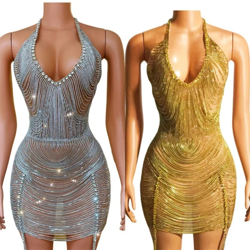 2025, glamouröses Kleid mit Diamantfransen für Geburtstagsfeiern und Bühnenaufführungen mit sexy, rückenfreiem, hohlem Netzrock, Abend-Outfit