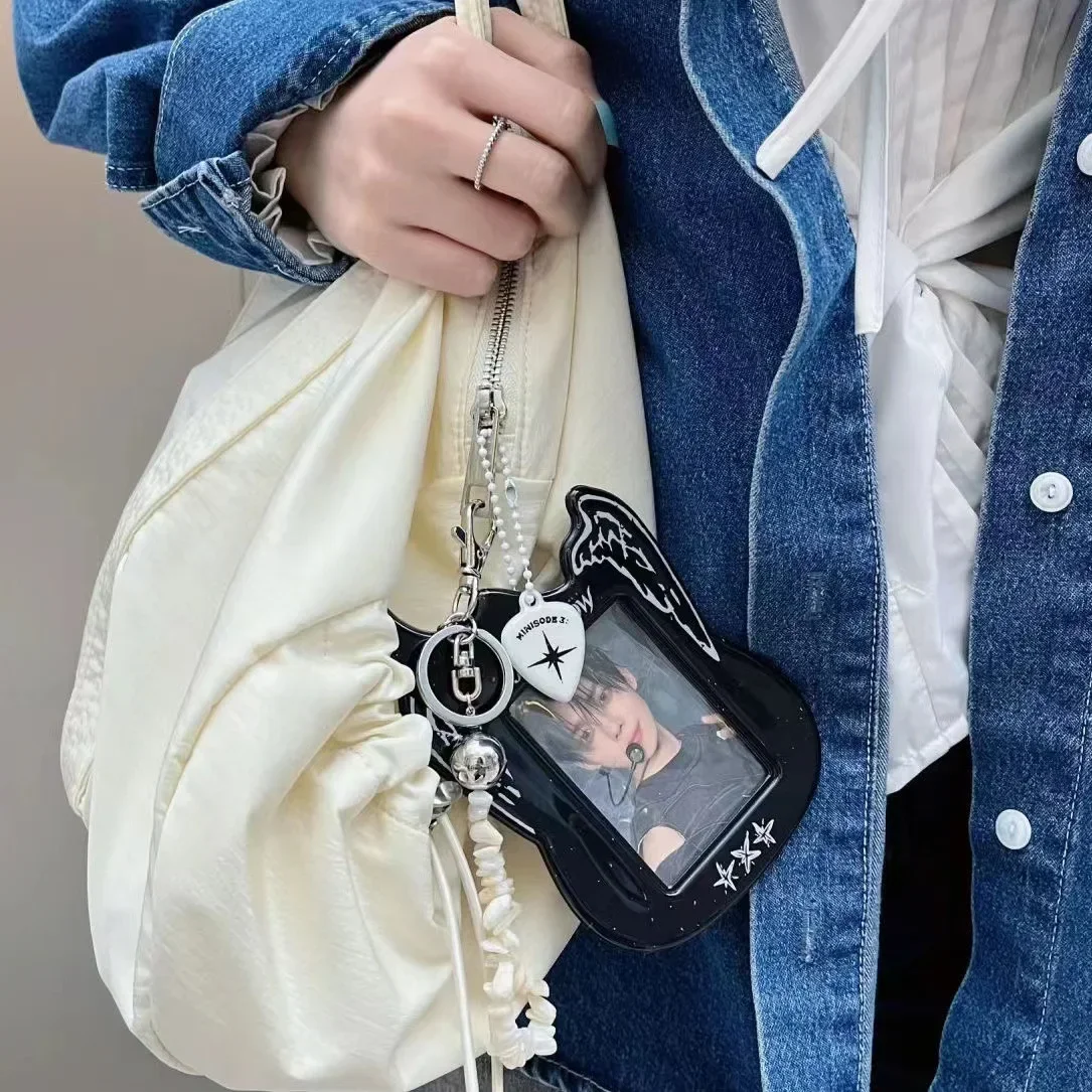 Korean Y2K Black Cool Guitar PVC Card Holder Kpop Idol 3-inch Photocard Hollow Display Pendant for Bag Keychian ID Bus Card Case