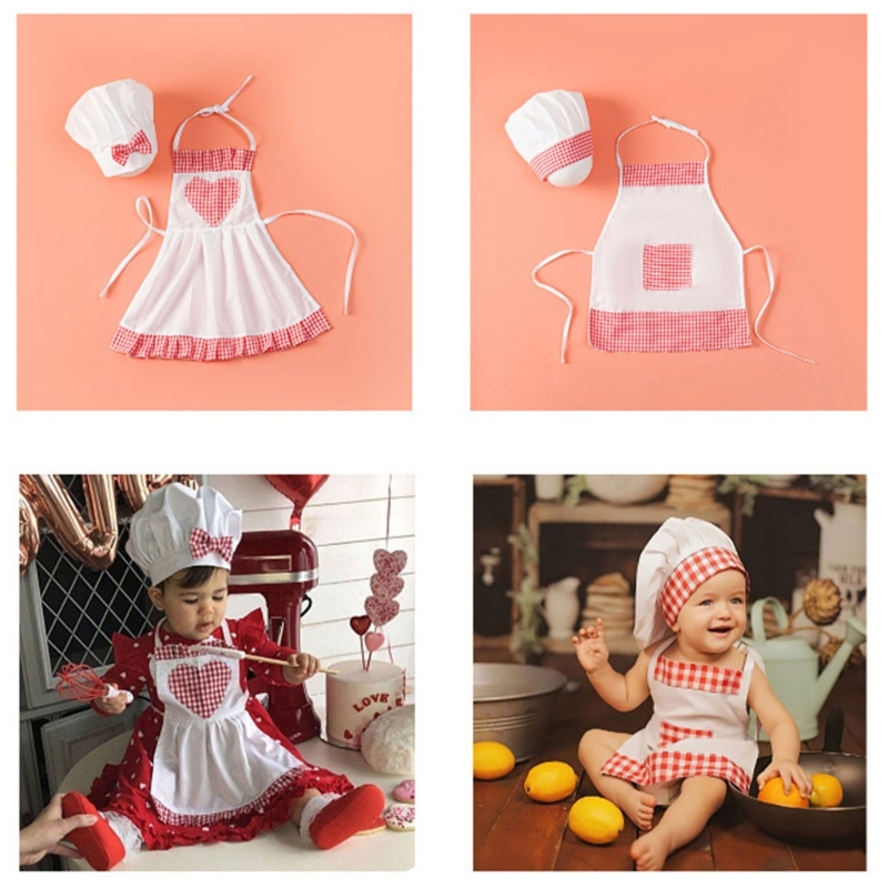 Baby Chef Avental Hat and Hat Costumes, Newborn Photography Prop, Traje de cozinheiro para crianças, 2pcs por conjunto