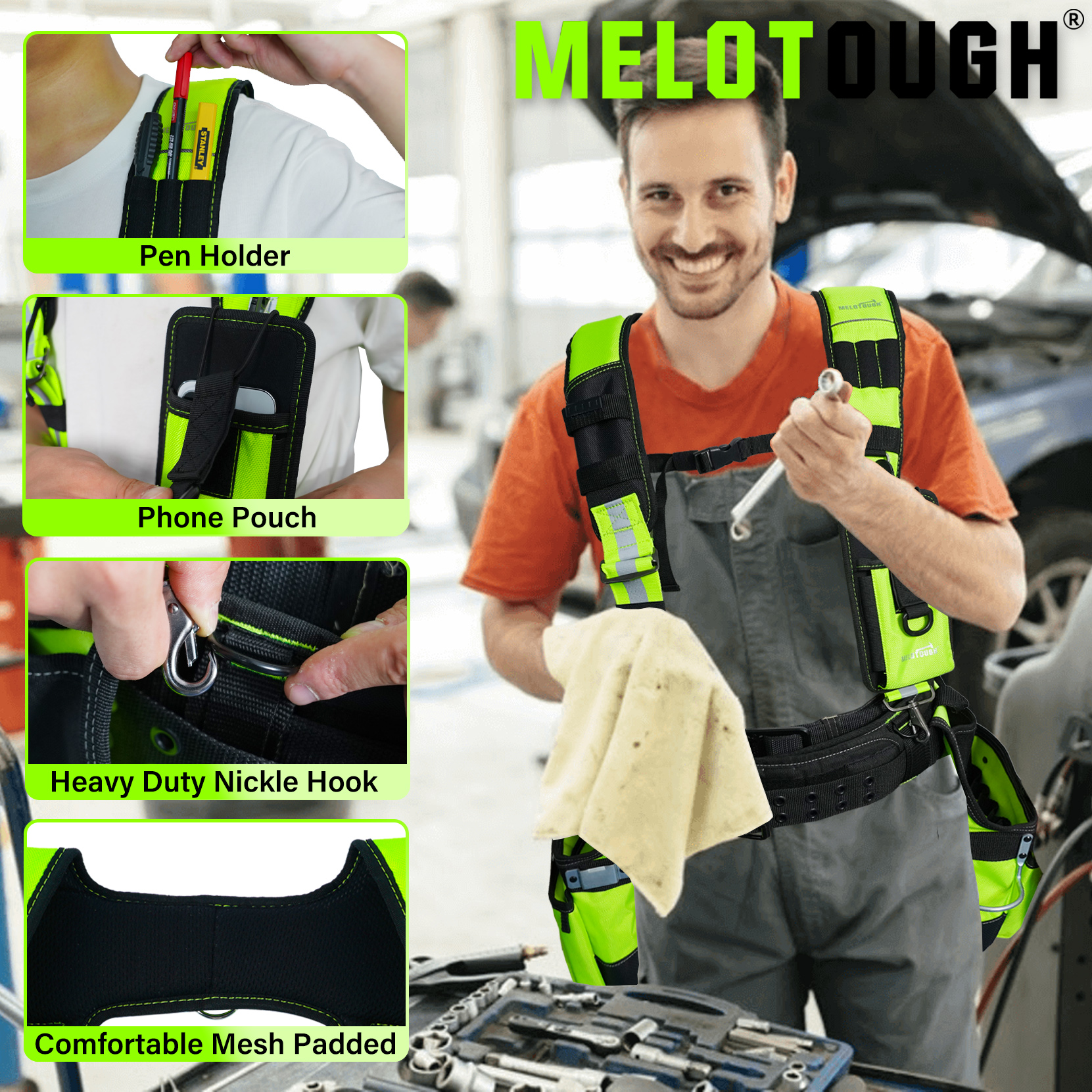 MELOTOUGH 반사 안전 공구 벨트, 슬링 건설 가방, 슬링 패딩 작업 벨트 (높은 가시성)