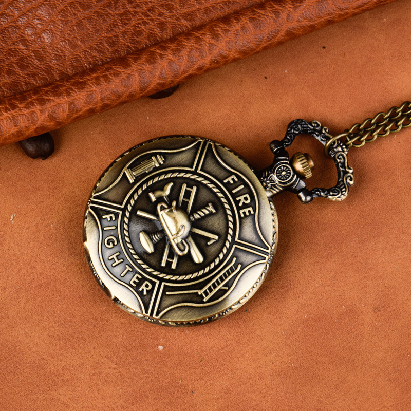 빈티지 화재 전투기 석영 주머니 시계 청동 소방관 시계 목걸이 체인 남자 남성 선물 절묘한 Relojes