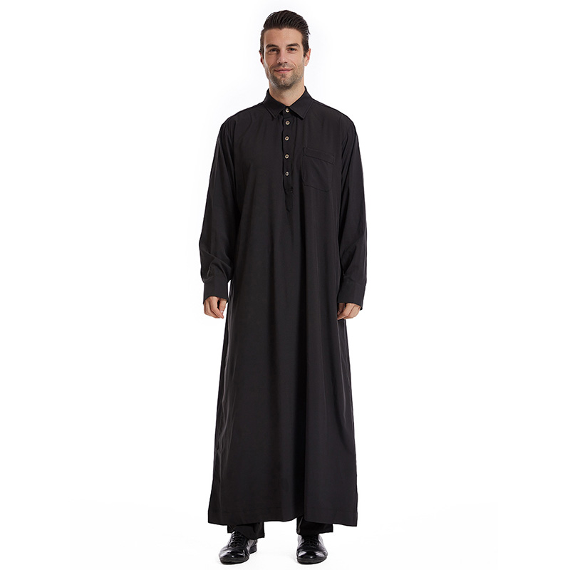 Islamic Clothing Men Solid Long Sleeve Loose Muslim Suit Arabia Kaftan Solid Color Stand Neck Homme Abaya Caftan Islamic Cloth