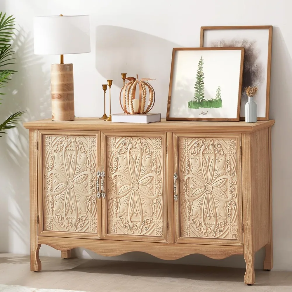 Farmhouse Sideboard Buffet Cabinet with Storage, 49" Solid Wood Credenza Buffet Table Coffee Bar Wine Bar Storage Cabnet