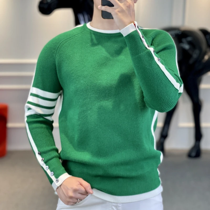 ลาย Contrast สีรอบคอฤดูใบไม้ร่วงฤดูหนาวเสื้อกันหนาวถักโคมไฟแขนยาวเสื้อผ้าผู้ชาย Retro Stylish Tops