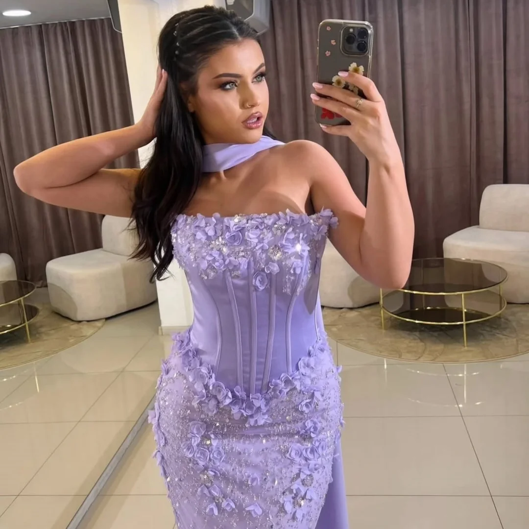 Bella Customize Фиолетовый Блеск 3D Цветы robes de soirée Русалка без бретелек с открытой спиной Пром платья длиной до пола, свадебное платье