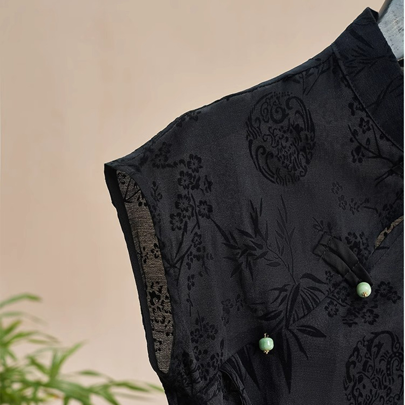 Camisa fina Retro nuevo estilo chino Cheongsam Top negro Jacquard Camiseta de manga corta verano moda madura ropa de mujer