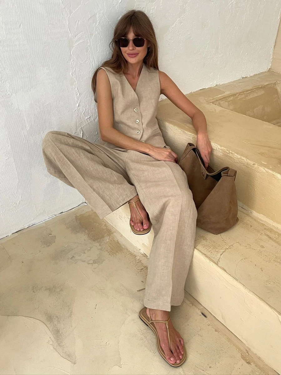 Bronladies Womem Conjunto de dos piezas de chaleco y pantalones elegantes de algodón y lino para mujer, conjuntos elegantes de 2 piezas para oficina y verano, trajes para mujer