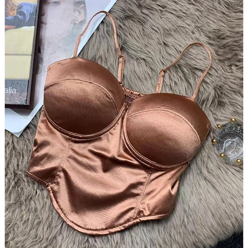 2024 mulheres sexy colheita topo sólido plissado cetim tanques topo com sutiã almofada praia camis espaguete sem costas casual topo primavera verão