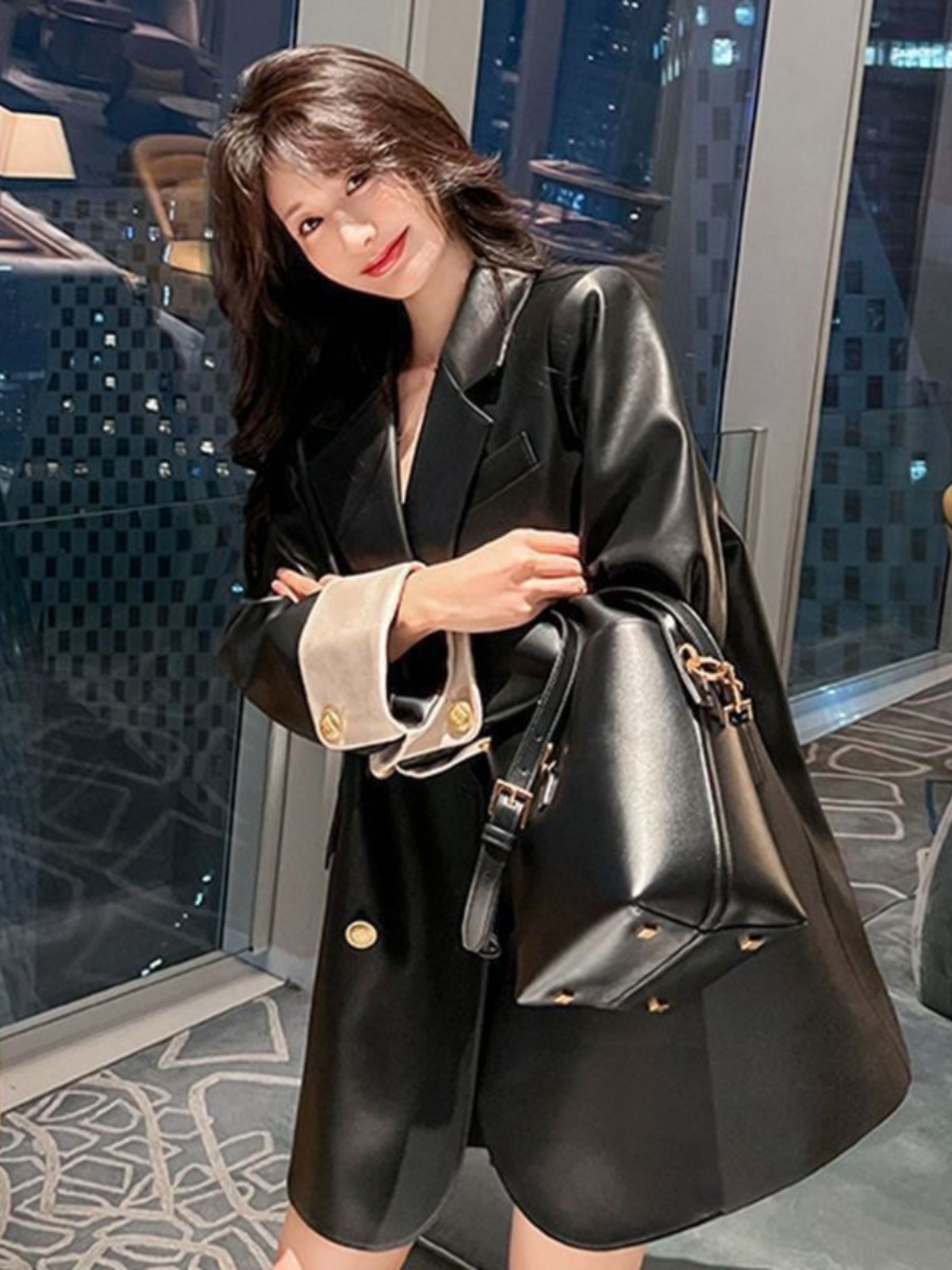 Black PU Leather Jacket Spring Autumn High-End Loose Design Korean Sle Casual Outerwear Long Sleeve V-Neck Mid-Length Coat