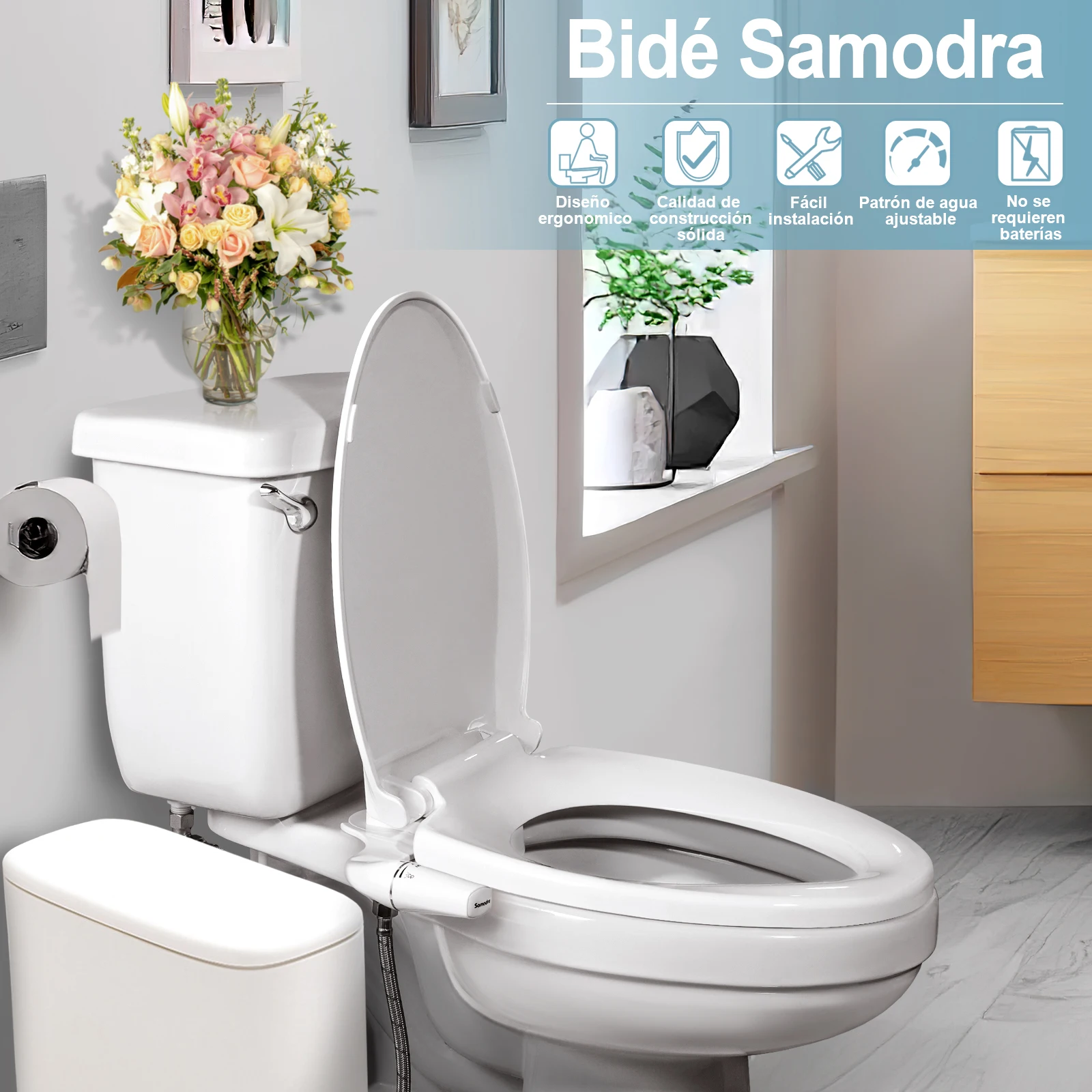 Bidet SAMODRA Ultra-Delgado, Bidet Minimalista para Inodoro con Doble Boquilla (Lavado Frontal y Trasero) Presión de Agua Ajustable, Attachment de Asiento para Inodoro con Agua Fresca, Fácil de Instalar.