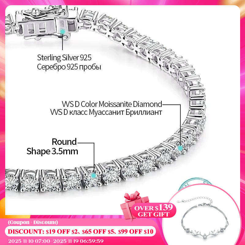 ATTAGEMS 4,0 мм 5,0 мм D цветной Алмазный тестер GRC круглый позолоченный браслет из серебра 925 пробы с муассанитом для женщин