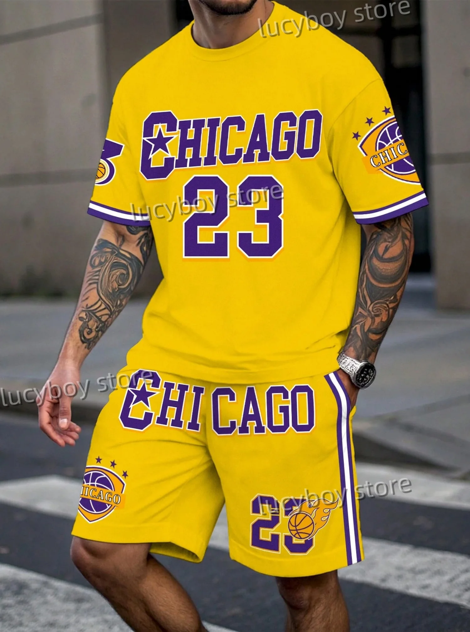 Neu in Chiago Nr. 23 Print Herren gelb Casual Kurzarm T-Shirt Shorts Set Erwachsene Basketball Jogging 2-teiliges Set Herrenbekleidung