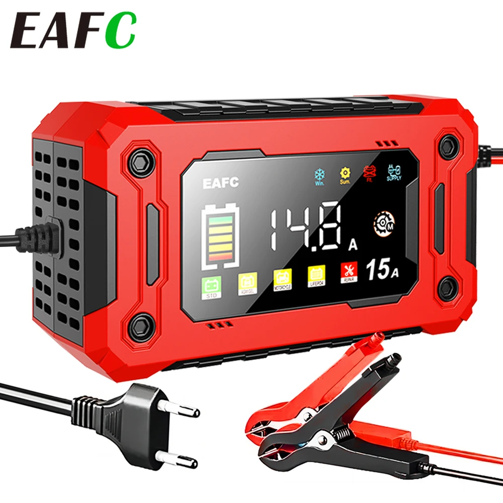 EAFC 12V Autobatterieladegerät 8A/15A Großer Bildschirm Pluse Reparaturladegerät für Auto Moto SUV Lithium AGM Blei-Säure-GEL LCD-Display