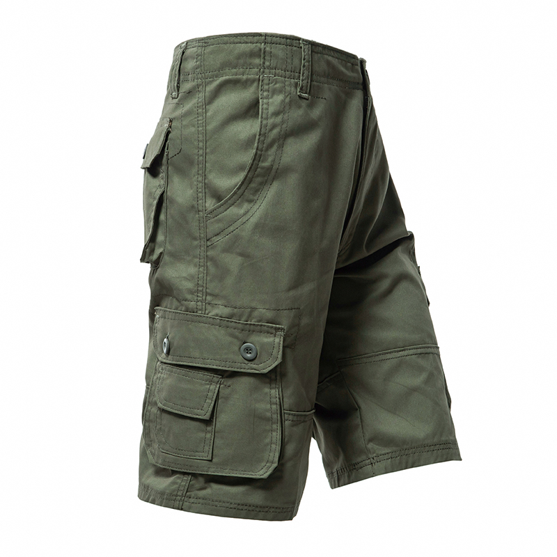 Calças cargo masculinas na altura do joelho, shorts clássicos de verão com vários bolsos, tamanho grande, meia calça de algodão, cáqui, verde militar
