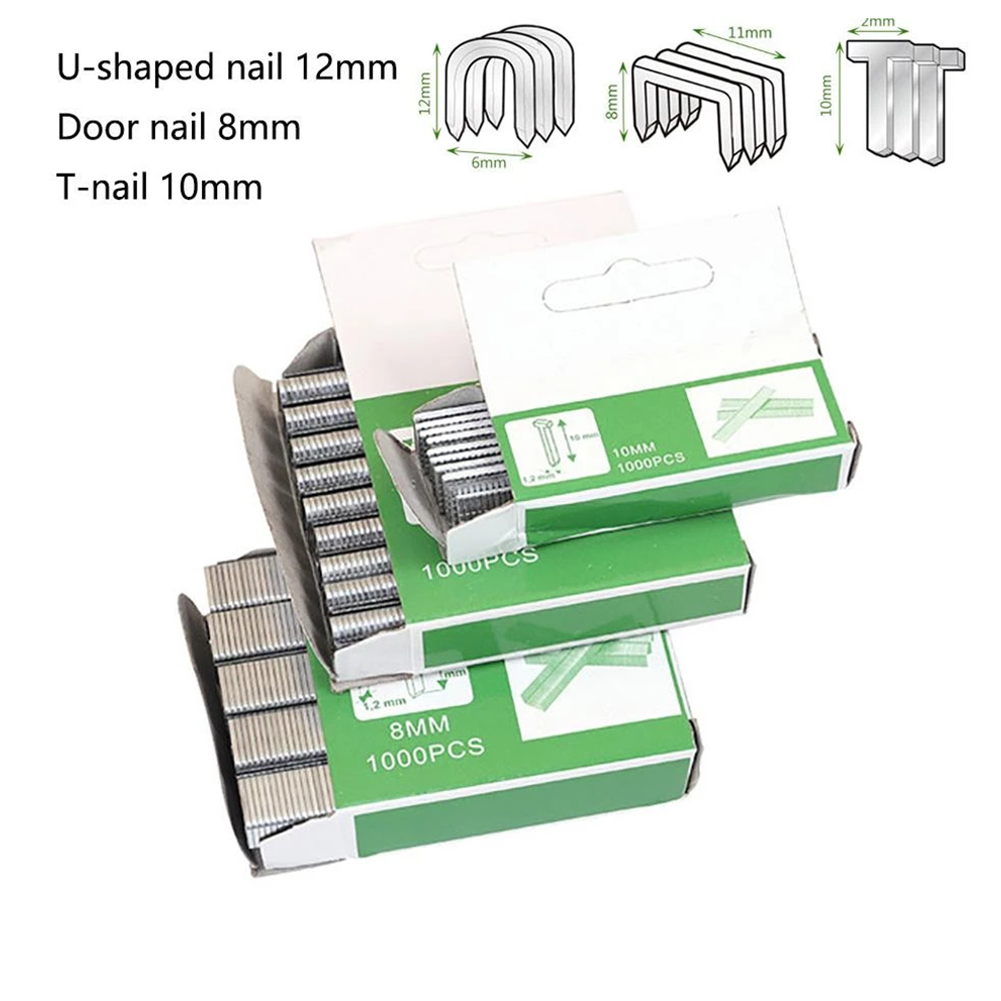 1000 peças grampos unhas u/porta/t em forma de prego grampeador 12mm/8mm/10mm grampos unhas para decoração de interiores, processamento de madeira