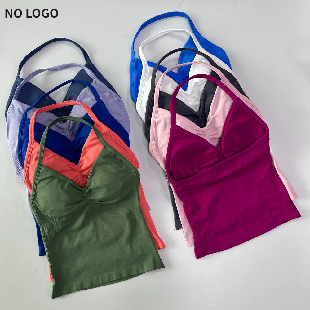 No Logo Seamless Longline Strappy Gym Top Backless Gym Clothes Women Scrunch Built-in Bra With Removable Cups Yoga Tank Tops