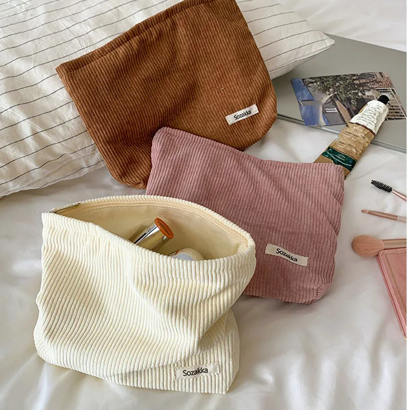 Bolsas de cosméticos grandes y suaves para mujer, Neceser de maquillaje, neceser de viaje a la moda, estuche organizador de lápices y brochas de pana
