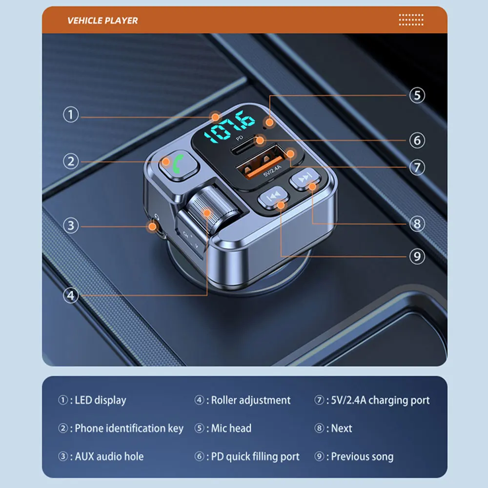Bluetooth 5.1 FM-zender Autolader 20W PD USB-C Snellader Autoradio met microfoon voor draadloos handsfree bellen MP3-speler