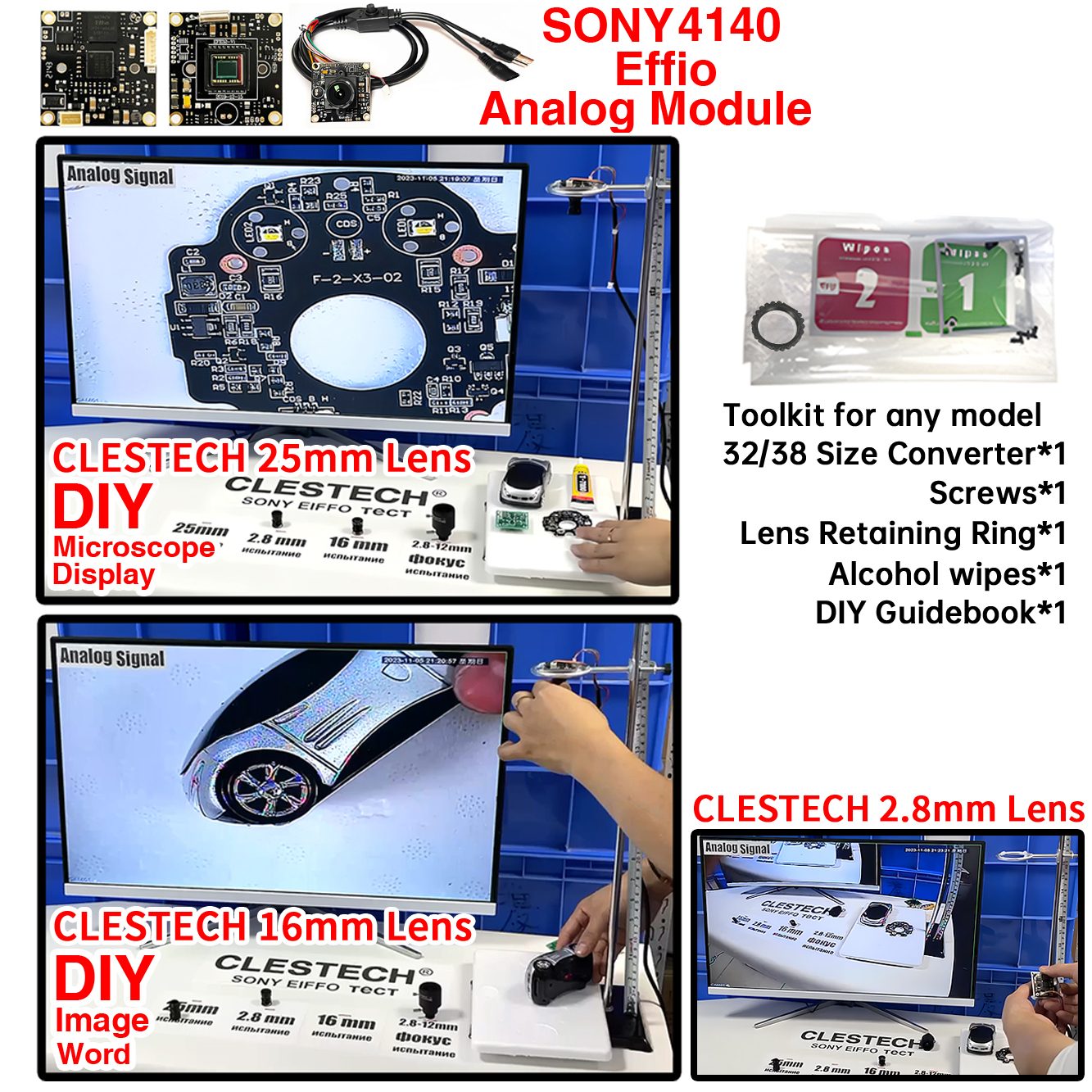 СОНИ ЭФФИО Видеомодуль монитора 4140 + 673 100% новый модуль чипа SONY EFFIO CCD CLESTECH 800TVL аналоговая камера видеонаблюдения микроскоп DIY Osd меню кабель полный комплект ТВ монитор Объектив 25 мм/16 мм/2,8 мм