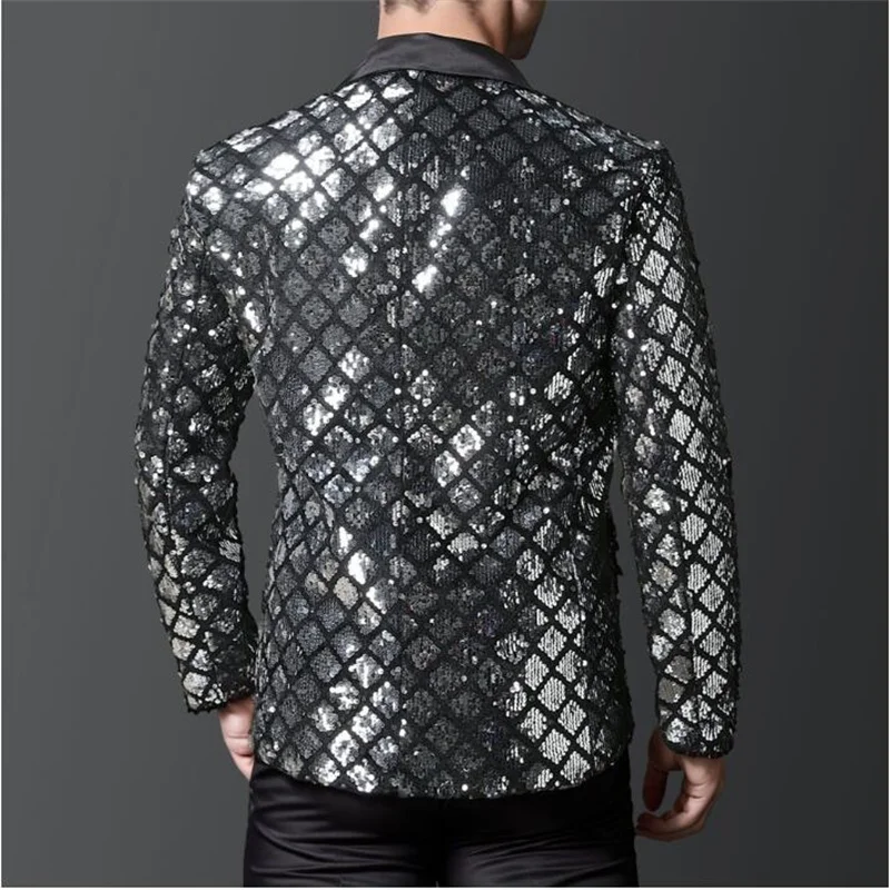 Hombres De Moda Lujosos Lentejuelas Chaqueta De Traje A Cuadros Golden / Silver Singer Preside La Fiesta De Escenario Vestido Suelto Chaqueta De Traje