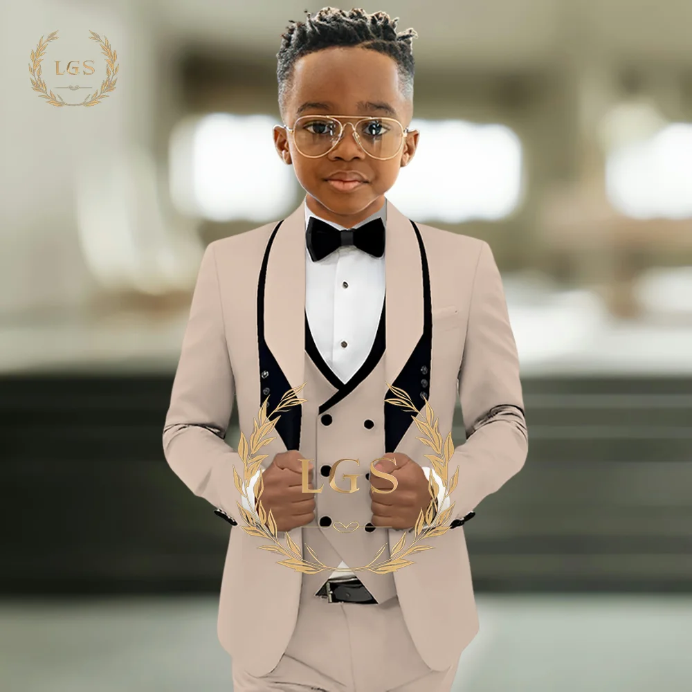 Conjunto de terno bege de 3 peças para meninos, lapela contrastante, design elegante para festa de casamento, performance de palco, ocasião de aniversário