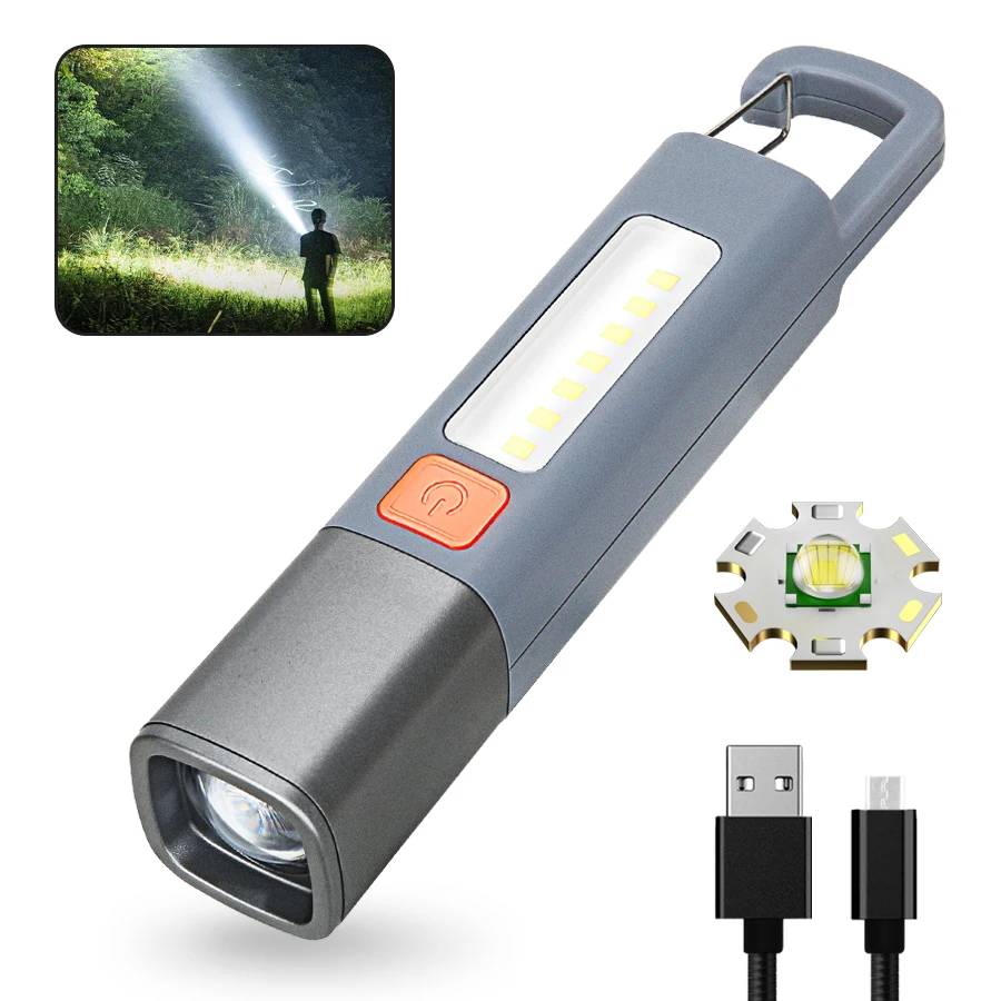 ミニポータブル LED 懐中電灯 USB 充電式フック付きズーム可能なトーチ屋外キャンプハイキング長距離緊急ランタン