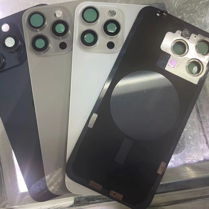 Cubierta trasera de cristal con lente de cámara, placa de hierro, anillo magnético para iPhone 15 pro max, batería, reemplazo de reparación de carcasa de puerta trasera