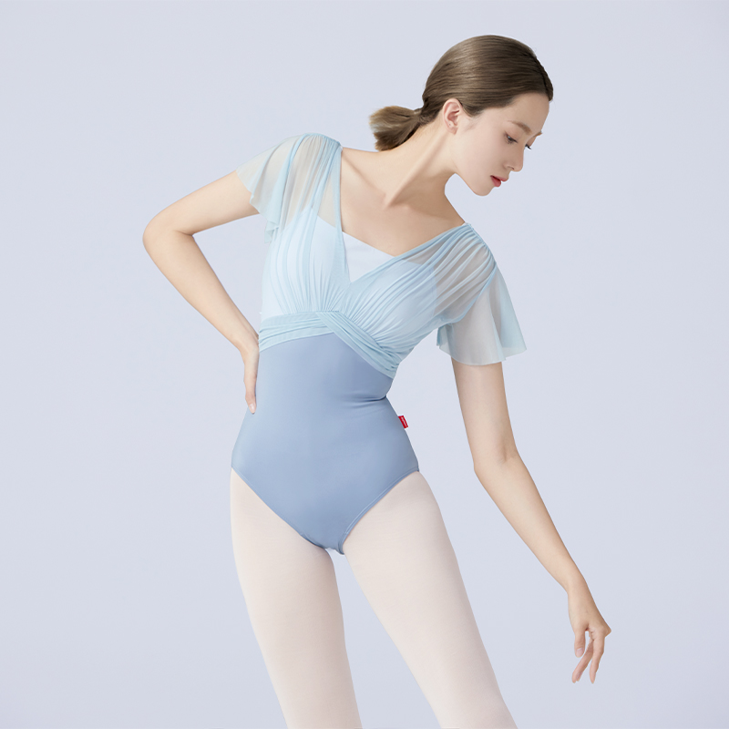 Frauen Ballett Trikots Dance Trikot Nylon Gespleißt Kurzarm Falten Ballett Body Erwachsene Gefälschte Zwei Stück Gymnastik Trikots