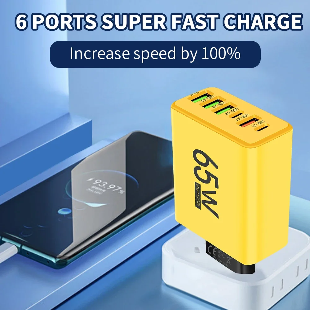 USB 電話充電器 6 ポート合計 65 ワットタイプ C 急速充電 QC3.0 iPhone サムスン Xiaomi EU/米国プラグ急速充電壁アダプタ