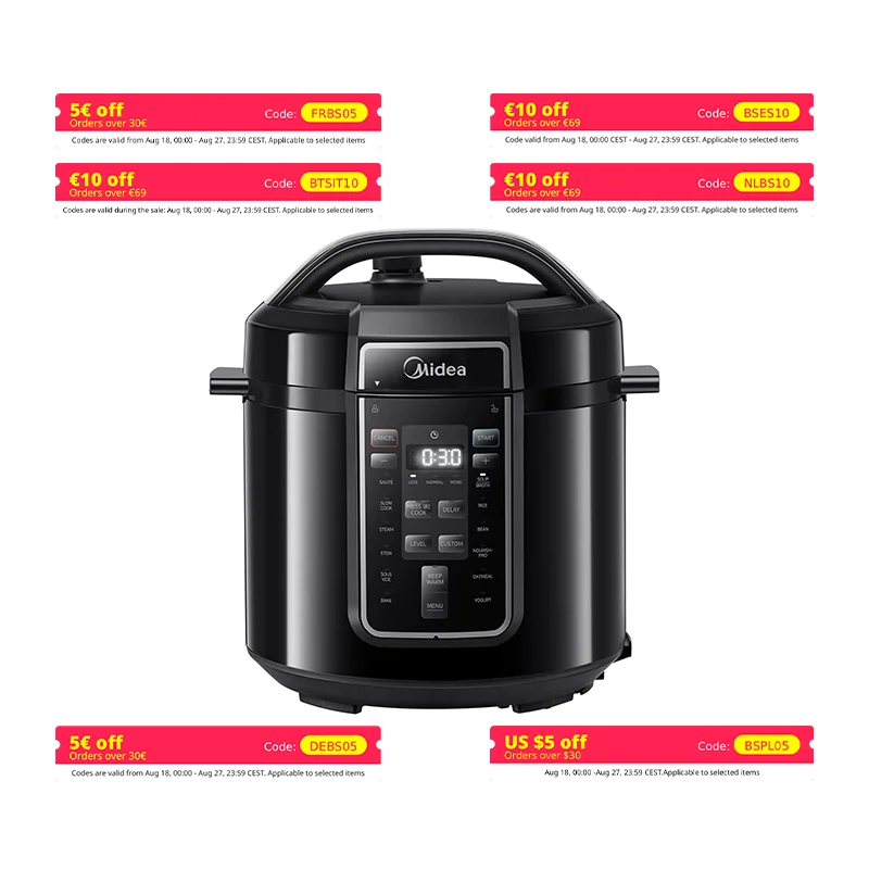 Midea Autocuiseur Électrique Rapide 9-en-1, 12 programów ustawionych, Multicuiseur Inox Instantané, Pot Antiadhésif, 6L, Noir